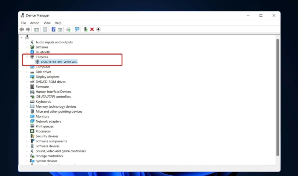 Màn hình Device Manager hiển thị mục Cameras